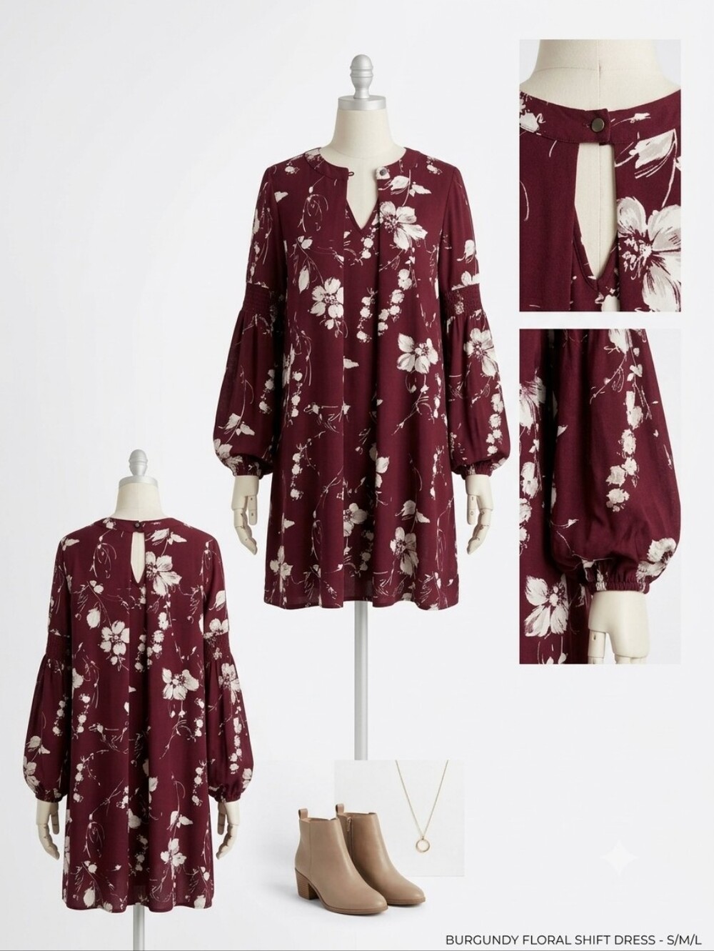 Peach Love Burgundy Floral Shift Dress, Size Large